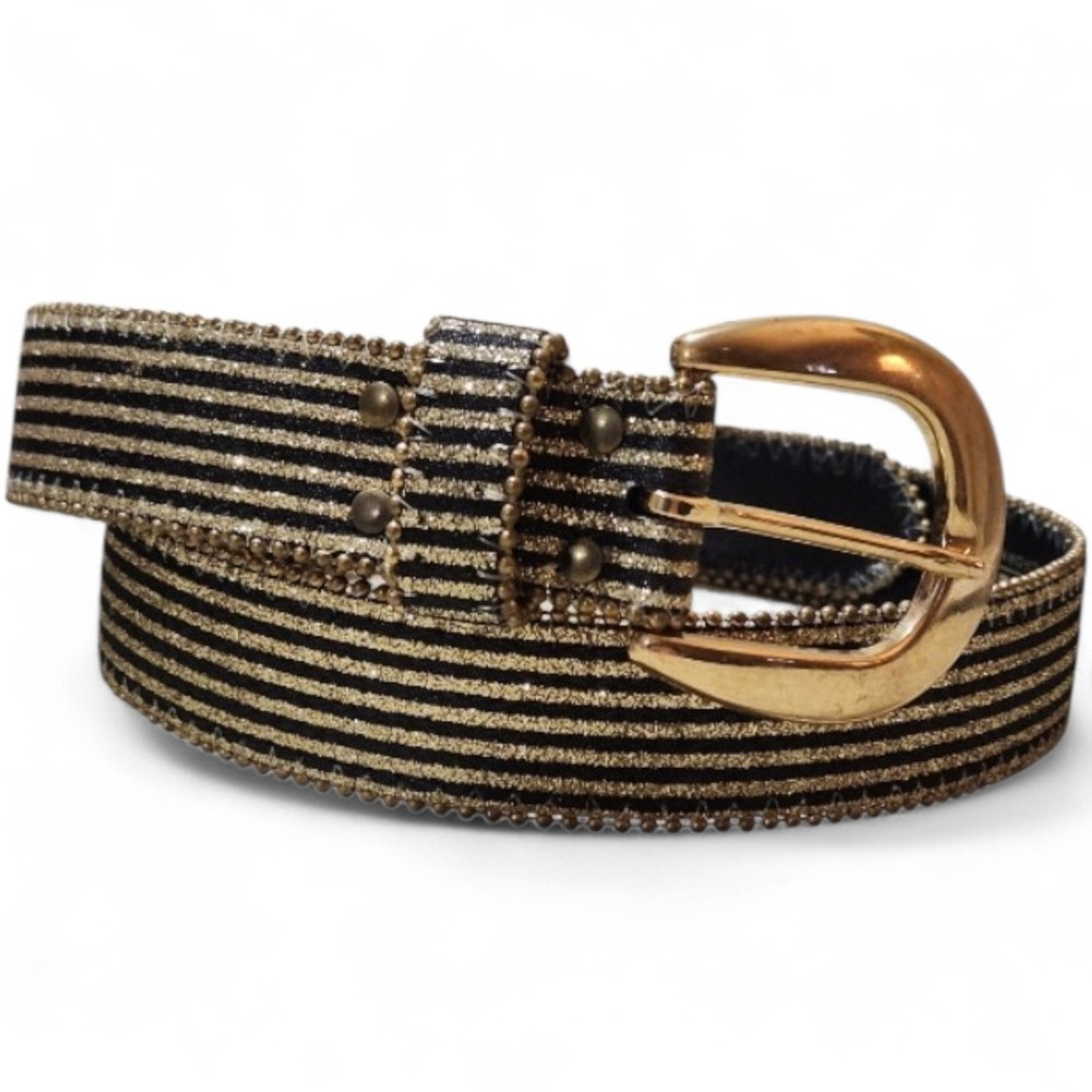 Elite Belt Women's Small Gold Black Striped Glitter Metallic Studded‎ Retto Glam